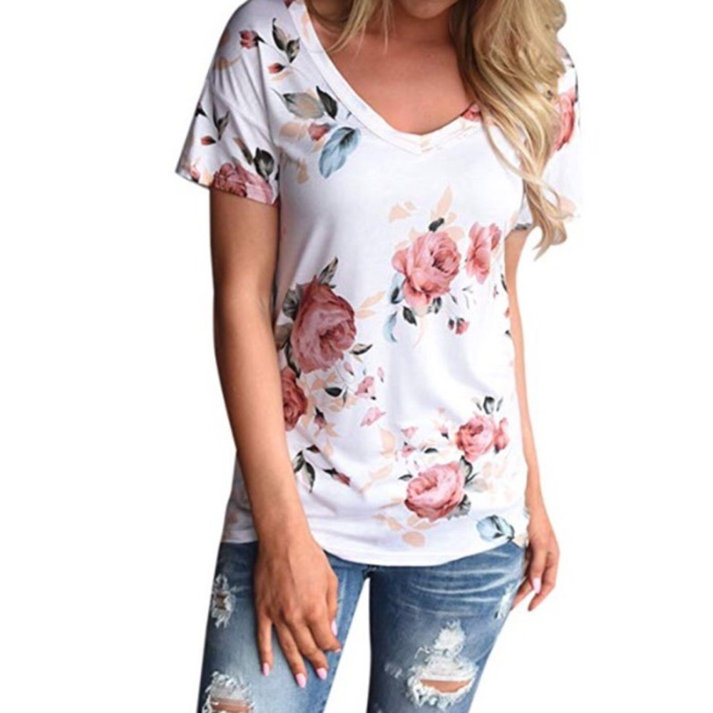 Short Sleeve V Neck Floral Print Blouse Tee